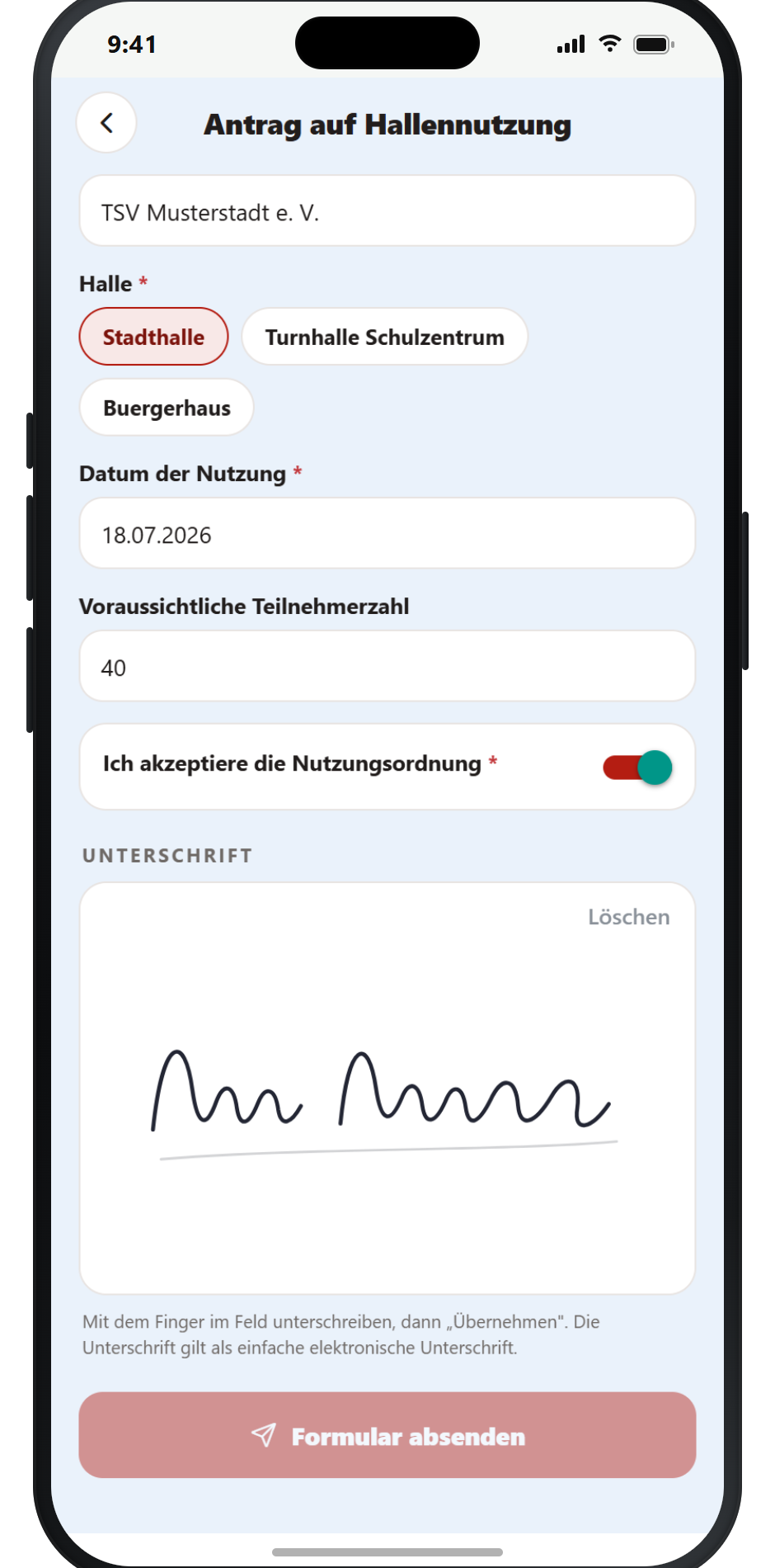 OwnCity App – Formular ausfüllen und mit dem Finger unterschreiben