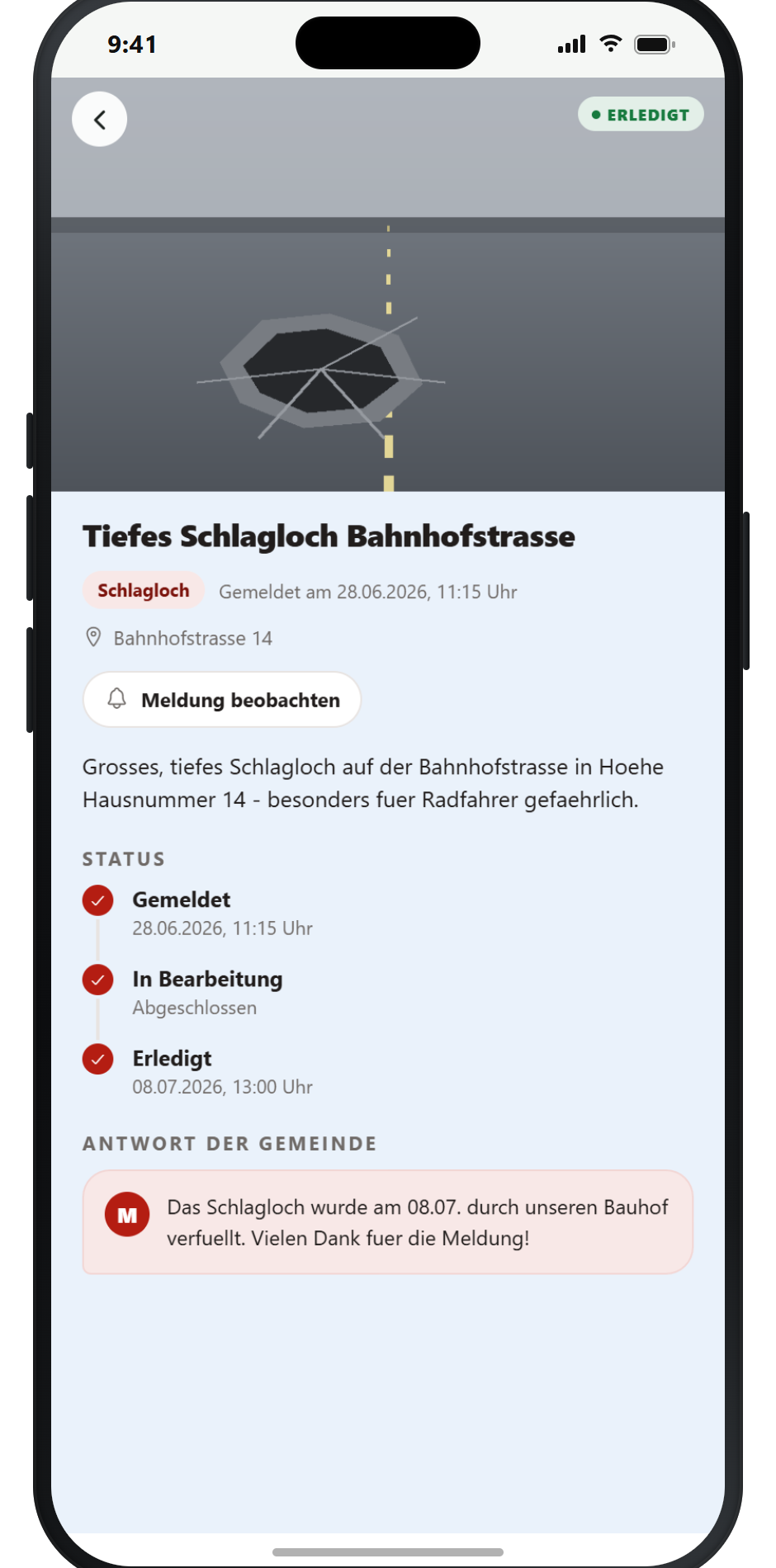 OwnCity – Meldung mit Antwort der Gemeinde