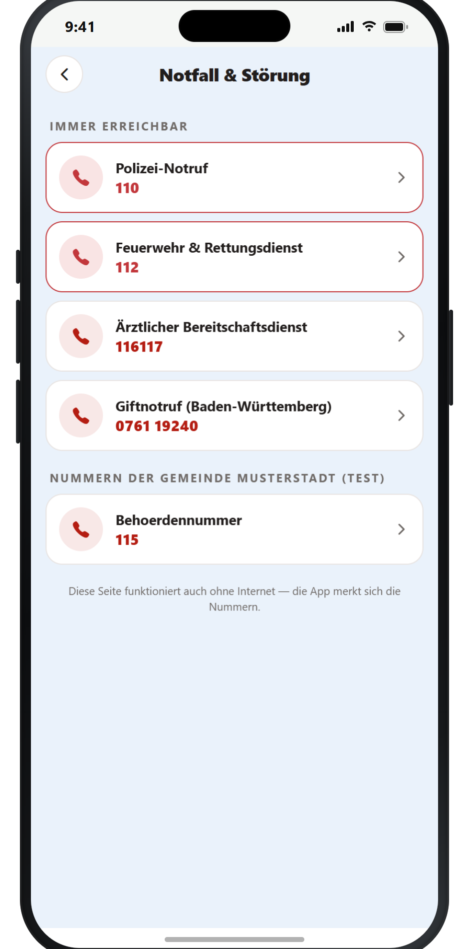 OwnCity App – Notfall & wichtige Nummern