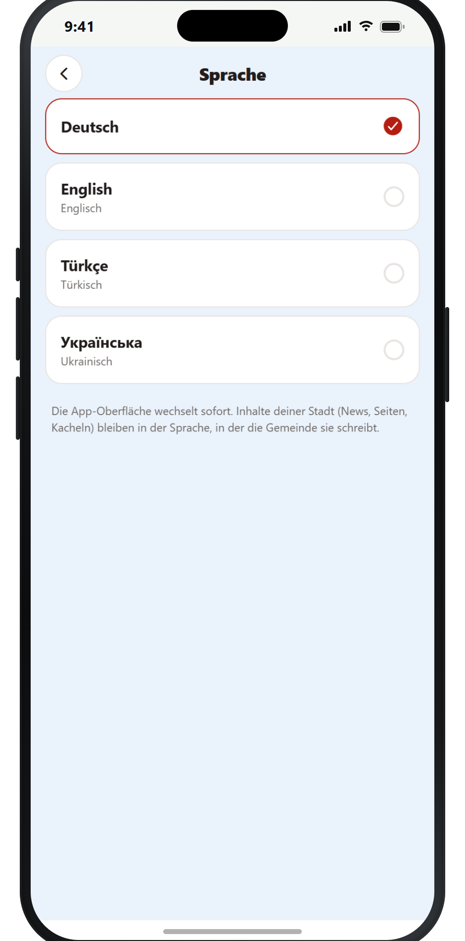 OwnCity App – Sprache wählen