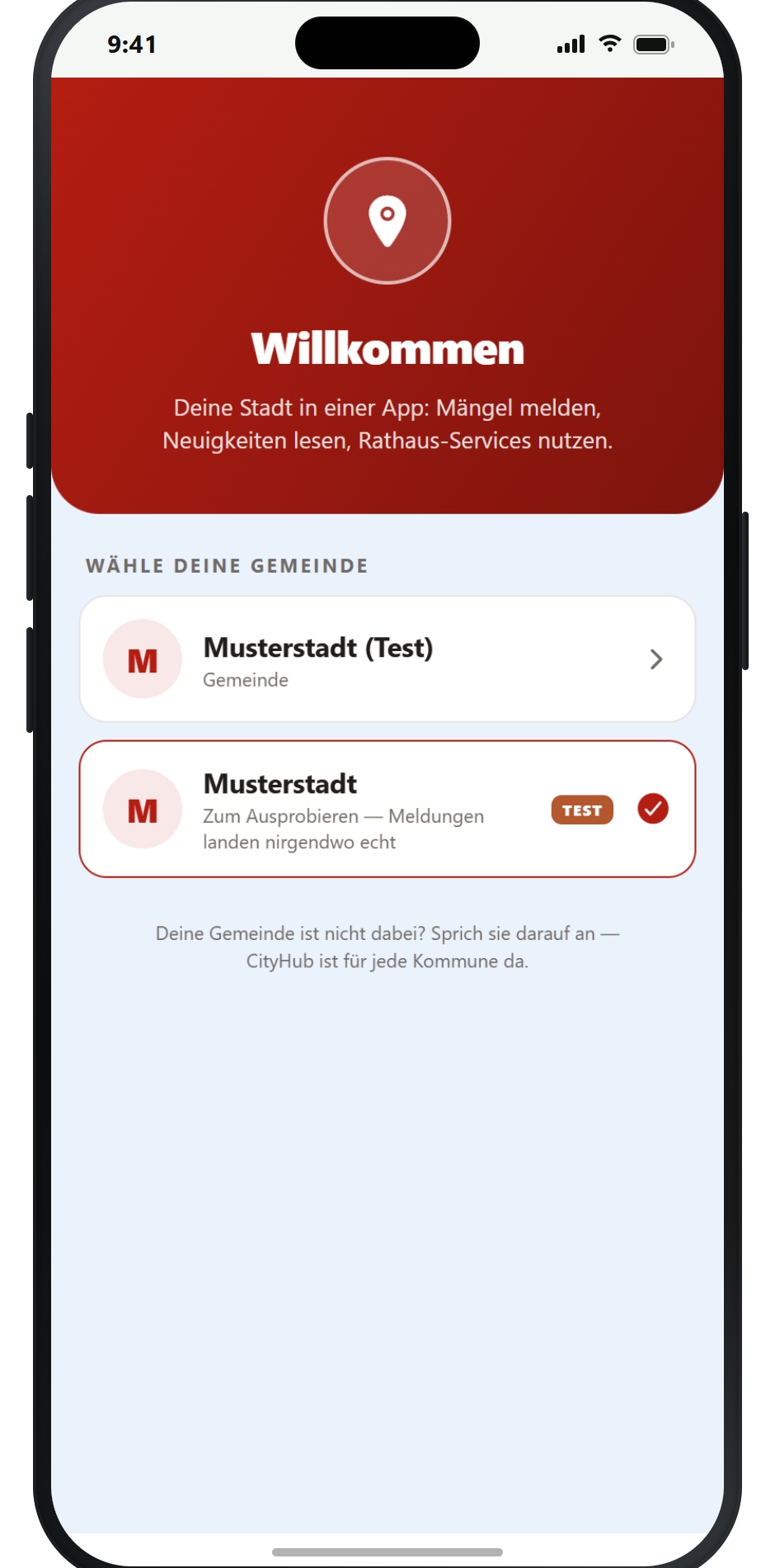 CityHub – Stadt aus der Liste wählen