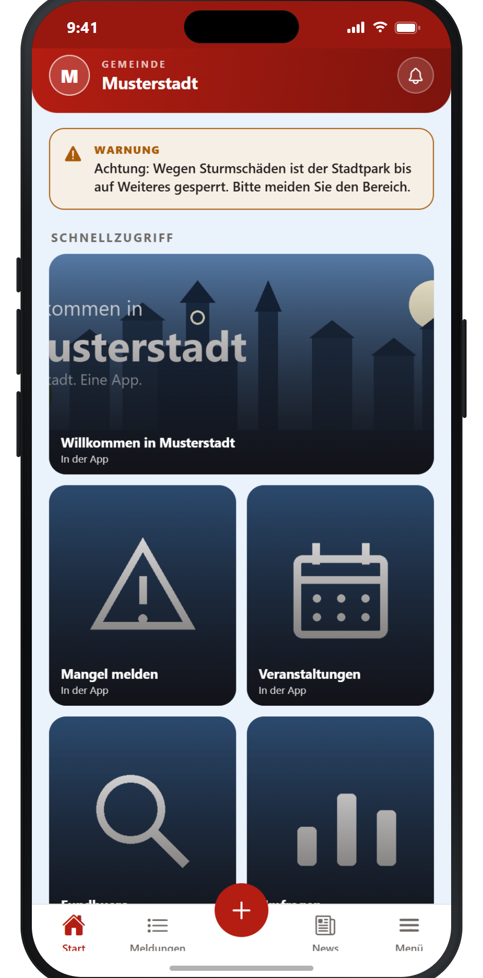 Bürger-App – Startseite einer Kommune mit Kacheln und Durchsage